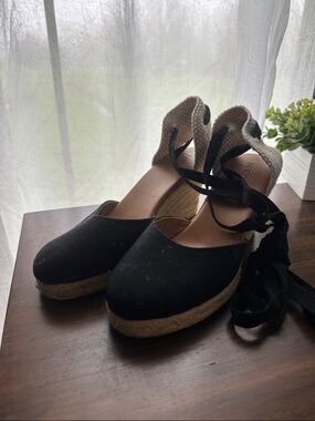 J. Crew Black Espadrille Wedge Lace-Up Heels